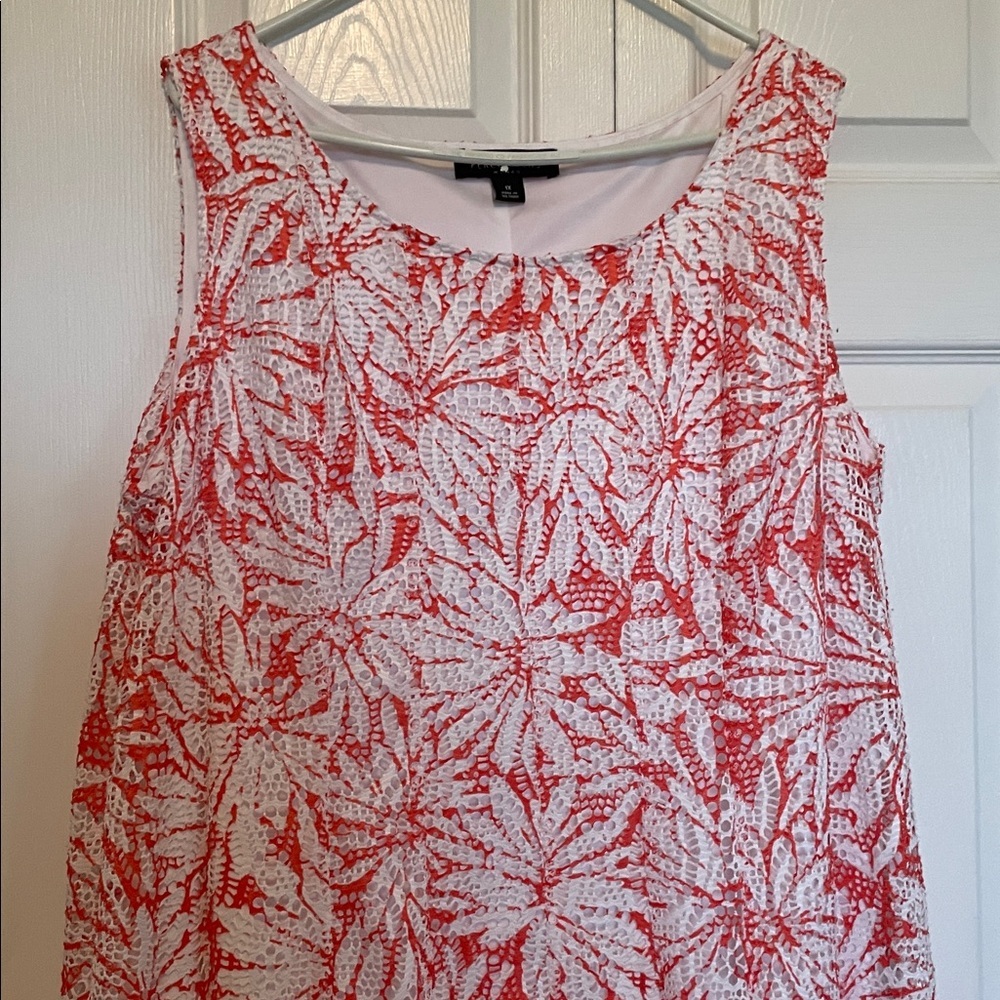 Perceptions 1X Orange-Coral/White Leaf Print Overlay midi Aline Tank Dress lined